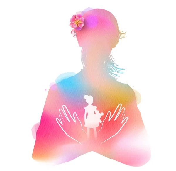 Mother Hugging Her Daughter Silhouette Watercolor Background Happy Mother Day — ストック写真