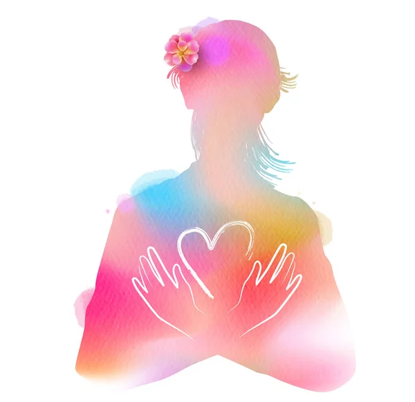 Frauen Umarmen Herz Symbol Silhouette Auf Aquarell Hintergrund Happy Mother — Stockfoto