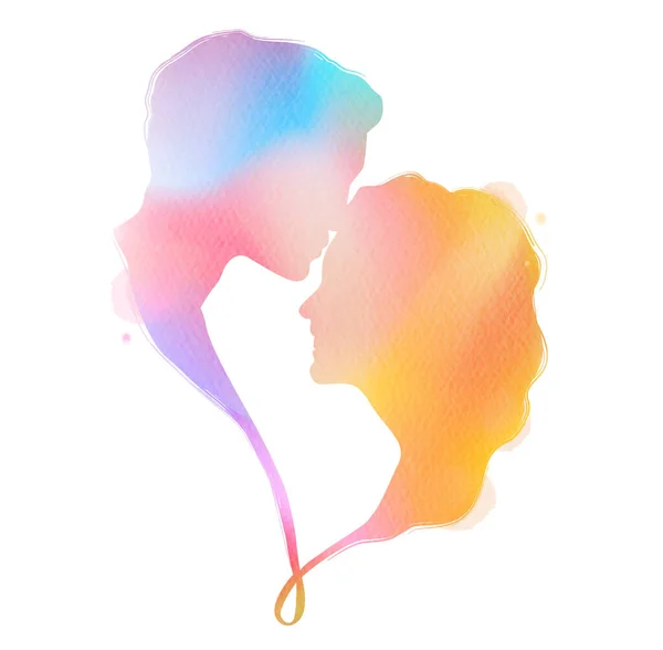 Romantic Valentine Lovers Silhouette Watercolor Background Love First Sign Concept — Stock Photo, Image