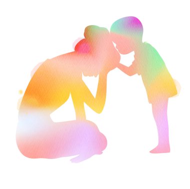 Bir çocuk annesine destek oluyor. Sevgi dolu çocuk üzgün anne siluetini rahatlatıyor ve soyut suluboya resim yapıyor. Dijital resim. Çift pozlama.