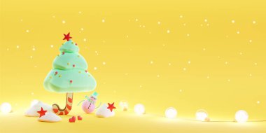 Sarı pastel arka planda üç boyutlu Noel ağacı. Fotokopi alanı ile mutlu Noeller. Yatay Ağ Pankartı.
