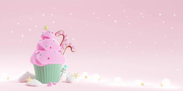 Julgran Cupcake Rosa Pastell Bakgrund God Jul Med Kopieringsutrymme Horisontella — Stockfoto