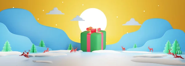 Temporada Invierno Paisaje Navidad Con Caja Regalo Feliz Bandera Navidad — Foto de Stock