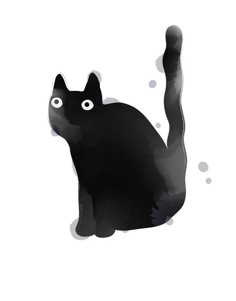 Silueta Roztomilé Akvarel Černá Kočka Digitální Malba — Stock fotografie