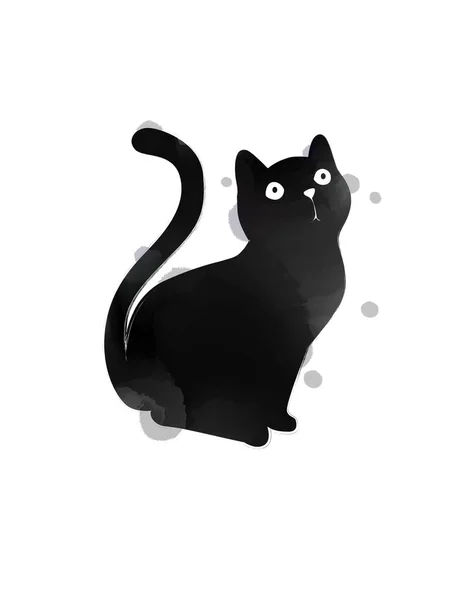 Silhouette Cute Watercolor Black Cat Digital Art Painting — Stock Photo, Image