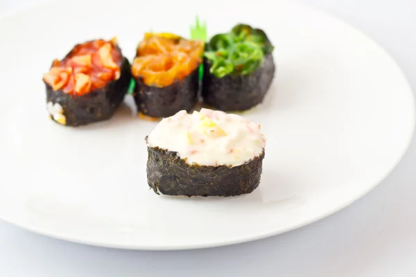 Sushi Assortment On White Dish, close up — Stok Foto