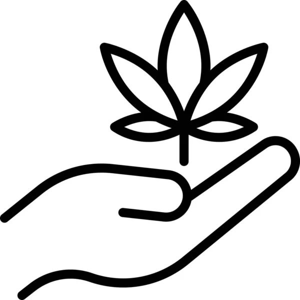 Linienvektorsymbol Hand Hält Blatt Cannabis — Stockvektor