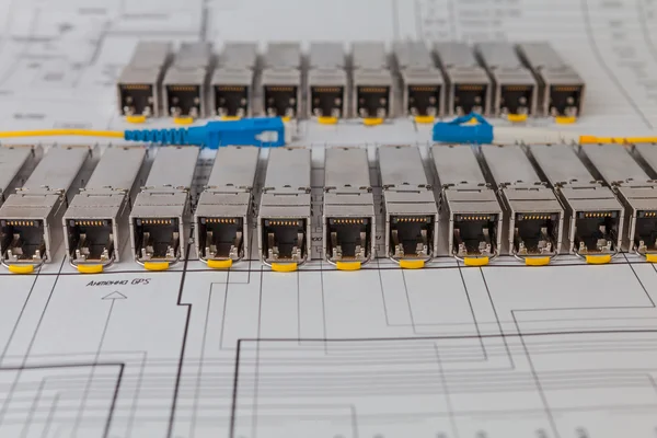 SFP network modules for network switch  and patch cord — Stock Photo, Image