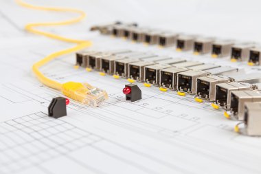 SFP network modules for network switch, patch cord and diodes clipart