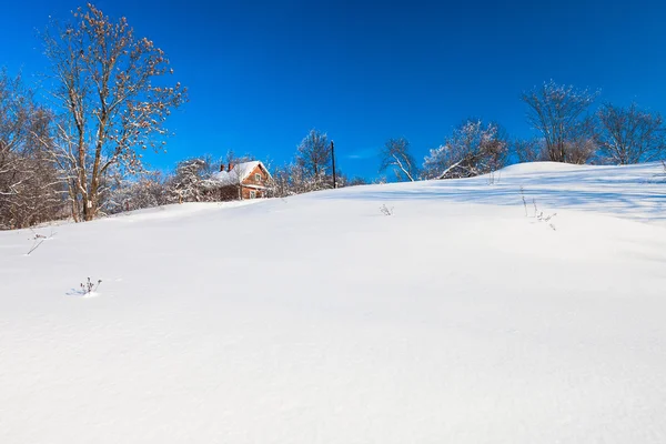 Das Holzhaus auf dem Hügel im Winterwald an Weihnachten — Stockfoto
