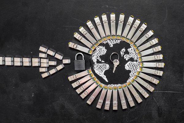 Internet SFP network modules  as the shape of Earth and  arrow, padlock and key.Concept of internet security/computer data encryption / data protection / security enhancement