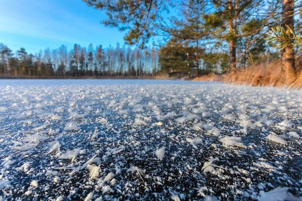 Schneeflocken auf der Oberfläche des eisbedeckten Sees am Wintermorgen. — Stockfoto