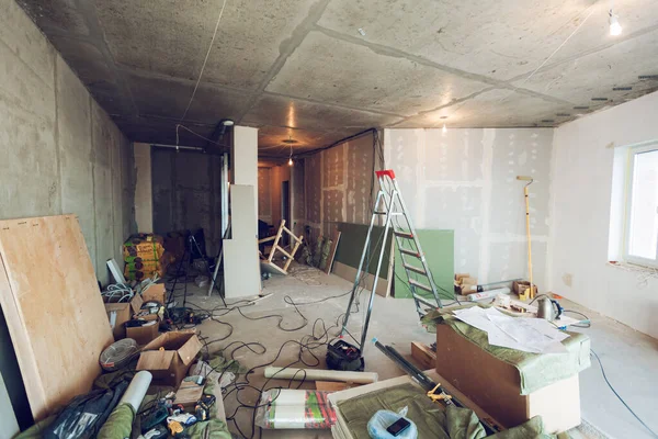 Proceso Trabajo Renovar Habitación Con Instalación Paneles Yeso Placas Yeso — Foto de Stock