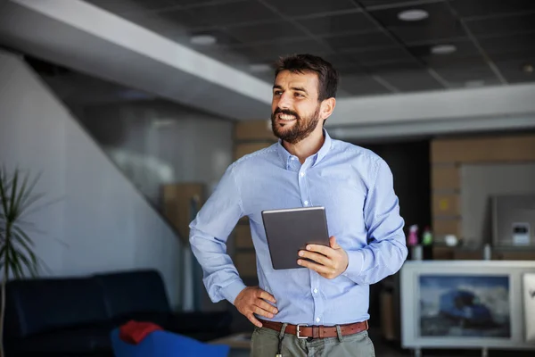 Smiling Successful Bearded Chief Standing Lobby Shipping Firm Holding Tablet — Stock Photo, Image