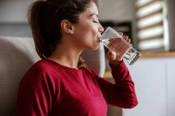 Profile Young Brunette Sitting Home Drinking Water — Stock Photo, Image