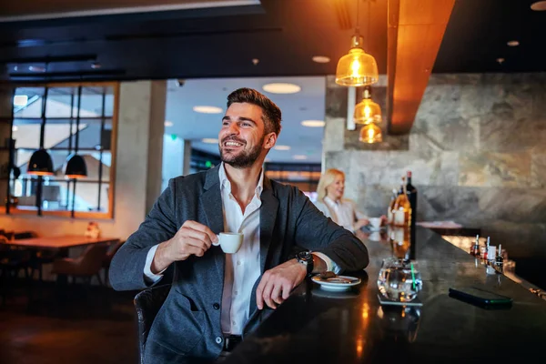 Smiling Middle Aged Man Formal Wear Sitting Bar Drinking His — Stock Photo, Image