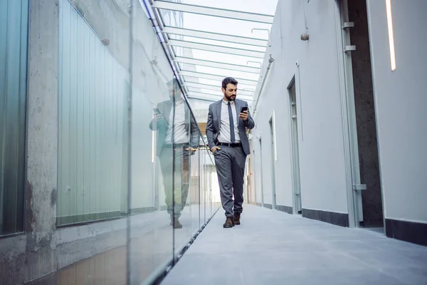 Young Attractive Businessman Walking Building Construction Process Reading Mail Fromm — Stock Photo, Image
