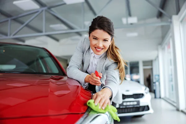 Sorrindo Arrumado Carro Feminino Vendedor Esfregando Carro Com Detergente Pano — Fotografia de Stock