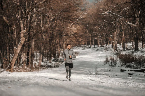 달리기 선수는 눈내리는 겨울날에 달린다 겨울의 활기찬 — 스톡 사진