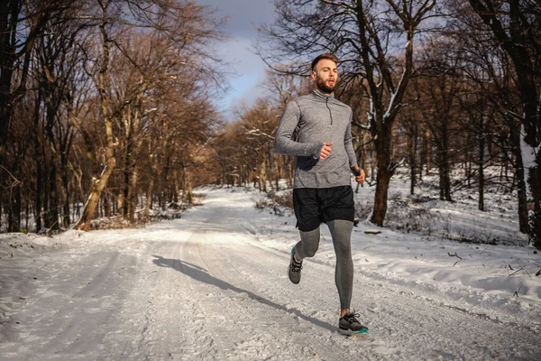 Sportember Kocog Erdőben Havas Ösvényen Télen Egészséges Életmód Téli Fitness — Stock Fotó