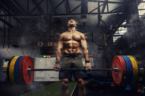 Weightlifter Gym Visual Effects Positive Energy Training Strong Attractive Man — Stock Photo, Image