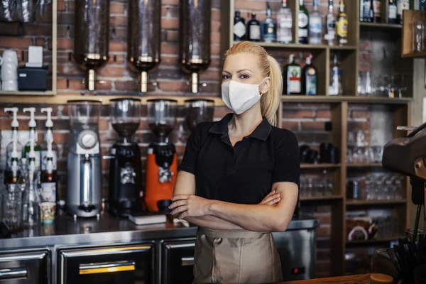 Drink Service Corona Virus Pandemic Woman Stands Restaurant Counter Wears — Stock Photo, Image