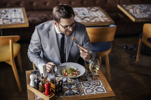 Lunch Break Two Business Meetings Enjoying Meal Businessman Having Lunch — Stock Photo, Image