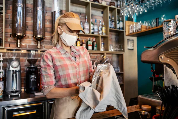 Cleaning Bar Restaurant Adult Blonde Woman Waiter Uniform Stands Bar — Stock Photo, Image