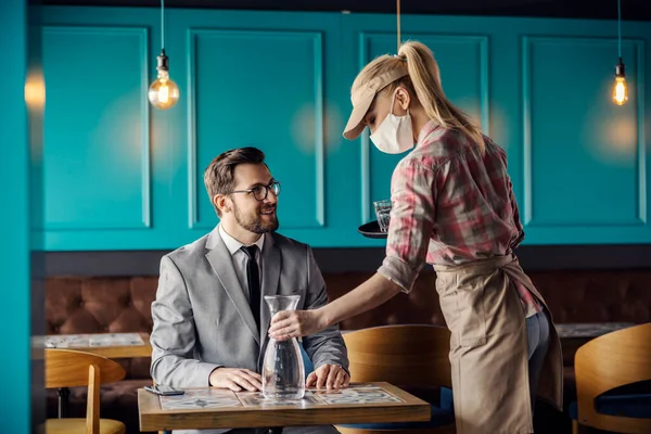 Restaurant Service Corona Virus Blonde Waitress Wearing Uniform Protective Face — Stock Photo, Image