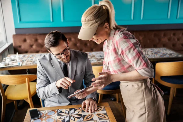 Ordering Food Drinks Restaurant Male Guest Business Suit Sitting Table — Stock Photo, Image