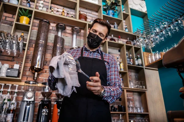 Cleaning Bar Restaurant Adult Handsome Man Waiter Uniform Stands Bar — Stock Photo, Image