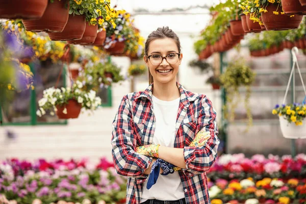 Fiatal Sikeres Mosolygós Kisvállalkozás Tulajdonosa Áll Melegház Tele Virágokkal Tartsa — Stock Fotó