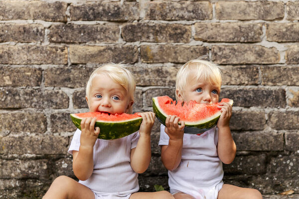 Babies Watermelon Twins White Bodysuits Children Beautiful Blue Eyes Blonde Royalty Free Stock Photos