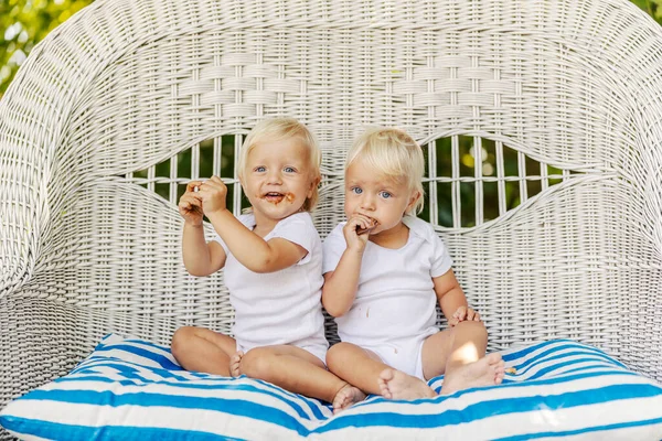 Toddler Kembar Berada Kursi Wicker Taman Makan Kue Bayi Bayi — Stok Foto