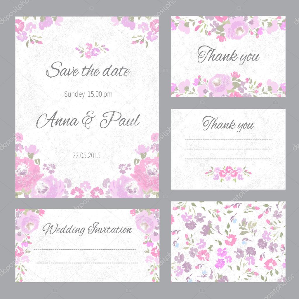 Vintage wedding set with grange effect. Wedding invitation, thank you card, save the date cards