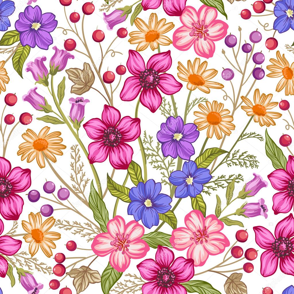 seamless floral pattern with berries and flowers
