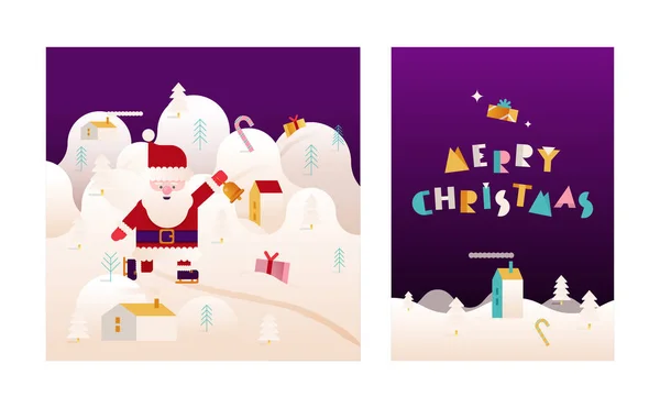 Conjunto Flat Cute Cheerful Santa Claus Feliz Navidad Tarjeta Felicitación — Archivo Imágenes Vectoriales
