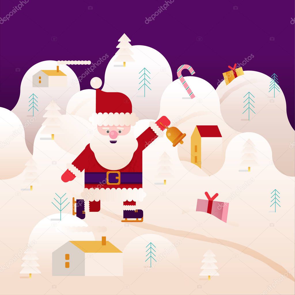 Christmas Greeting Card of Flat Cute Santa Claus on Beautiful Landscape. Happy New Year and Merry Christmas. Santa Claus Skating Through Town, Snow Holding Christmas Bell. Gifts, Trees, Houses, Candy.