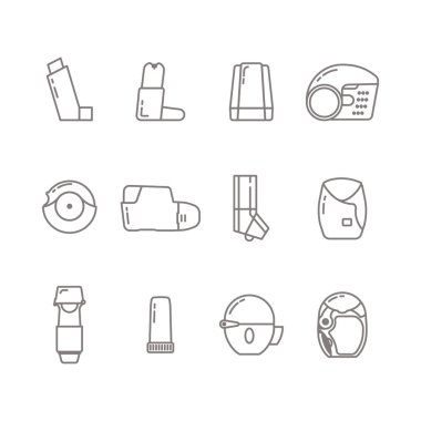 Beyaz Arkaplan 'da izole edilmiş Spreyin Aygıtları Simgesi Satırı. Öksürük şurubu solunumu, Alerji Hastası.