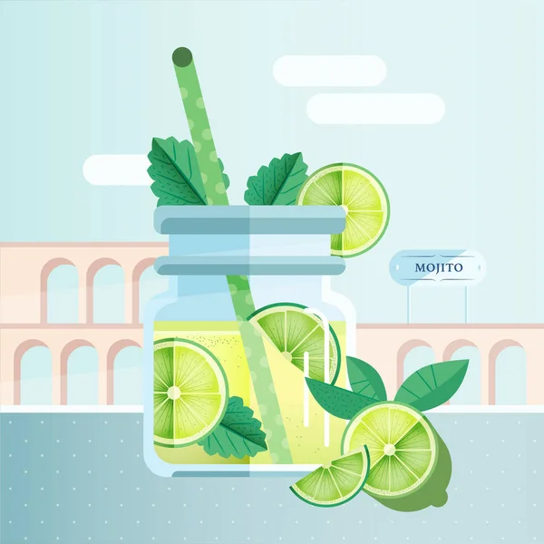 Illustrazione Vettoriale Cocktail Vetro Mojito Con Fetta Calce Foglie Menta — Vettoriale Stock