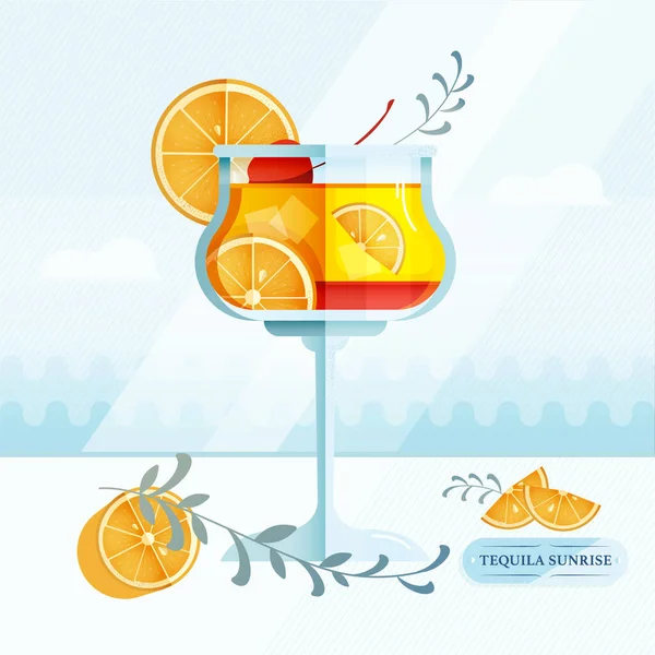 Illustrazione Vettoriale Bicchiere Tequila Sunrise Cocktail Con Fette Arancia Ciliegia — Vettoriale Stock