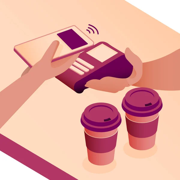 Kahve Fincanlarının Paket Olması Için Kafeterya Daki Akıllı Telefondan Ödeme — Stok Vektör