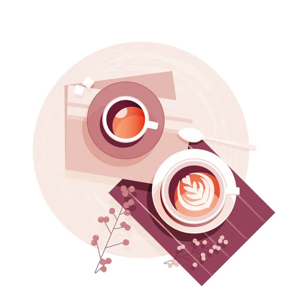 Reggelt Kártya Poszter Koncepció Két Csésze Kávé Növényekkel Gyönyörű Tányérokon — Stock Vector