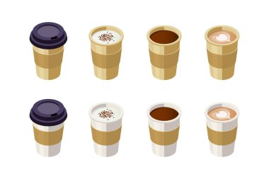 Beyaz arka planda izole edilmiş farklı kahve türleri olan Isometric Bardaklarının Vektör İllüstrasyonu. Cappuccino, Americano, kakao tozlu Latte, Up cover. Cafe, Restoran Menüsü Tasarımı Konsepti.