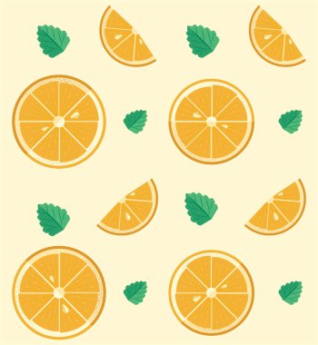 Parlak Nane Yapraklı Kusursuz Desen, Sarı Renkli Arkaplanda Portakal Dilimleri. Taze Limonata Konsepti. Modern Soyut Paketleme Tasarımı, Giysiler için Yazdırma, Kumaş.