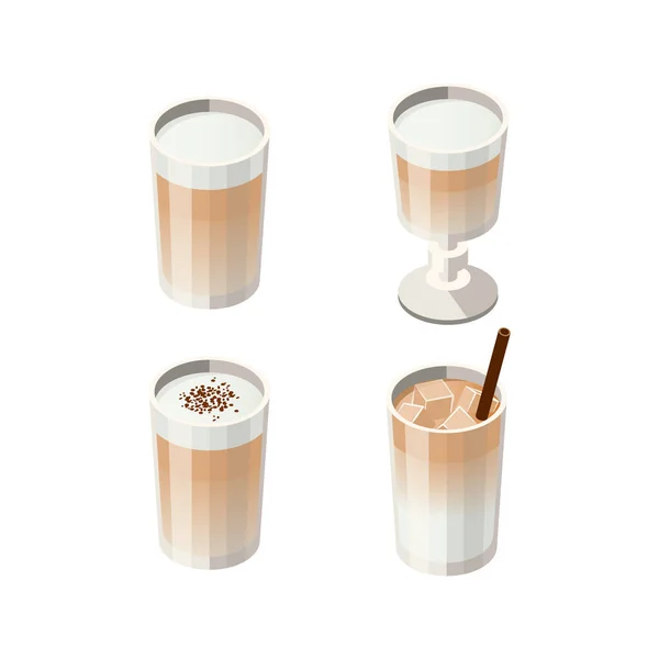 Vektor Illusztráció Izometrikus Szemüveg Különböző Típusú Latte Izolált Fehér Alapon — Stock Vector