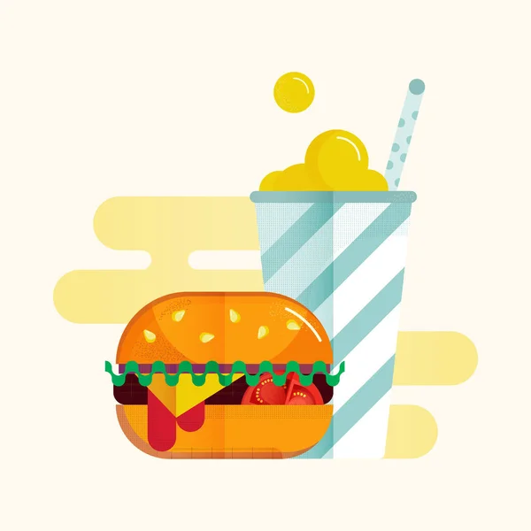 Delicious Burger Cup Soda Straw Modern Trendy Style Flat Icon — Stock Vector