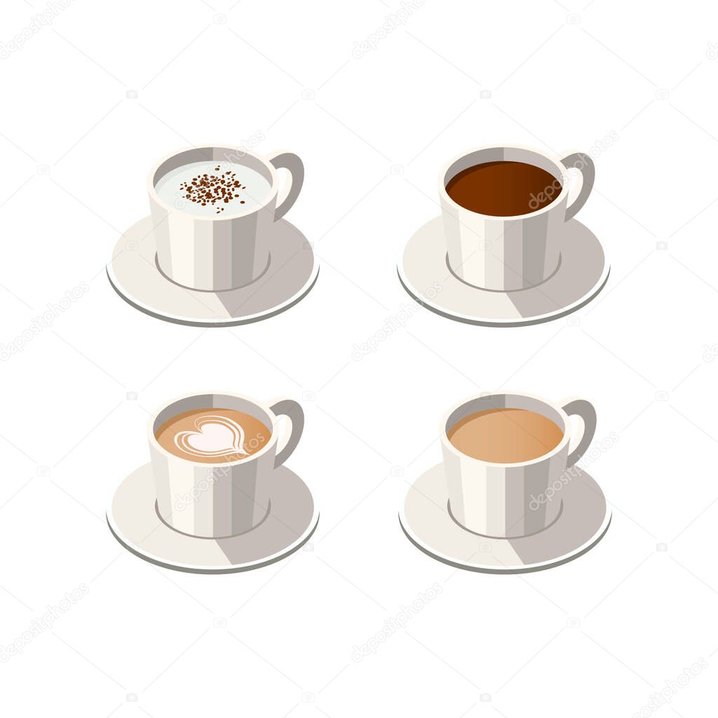 Vector Illustration of Isometric Cups with Different Types of Coffee isolated on white background. Latte Macchiato with Cocoa Powder, Americano, Cappuccino. Cafe, Restaurant Menu Design Concept.