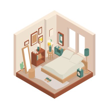 Çeşitli mobilyalarla izometrik düşük polyester kaplı yatak odası.