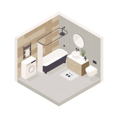 Çeşitli mobilyalarla vektör izometrik konforlu banyo.